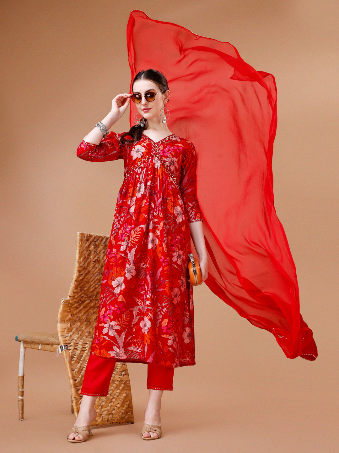 Alia cut floral printed & Embroidered Kurta with pant & Dupatta