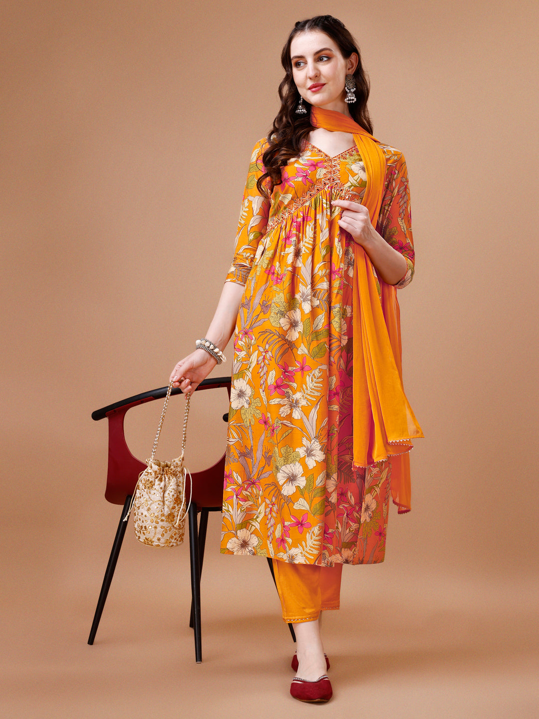 Alia cut floral printed & Embroidered Kurta with pant & Dupatta