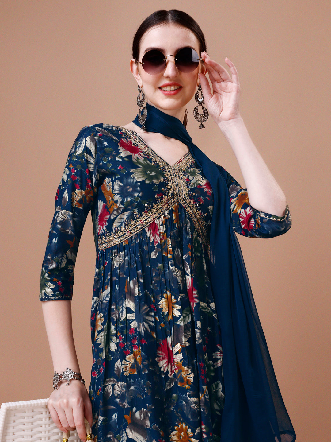 Alia cut floral printed embroidered kurta with pant & dupatta