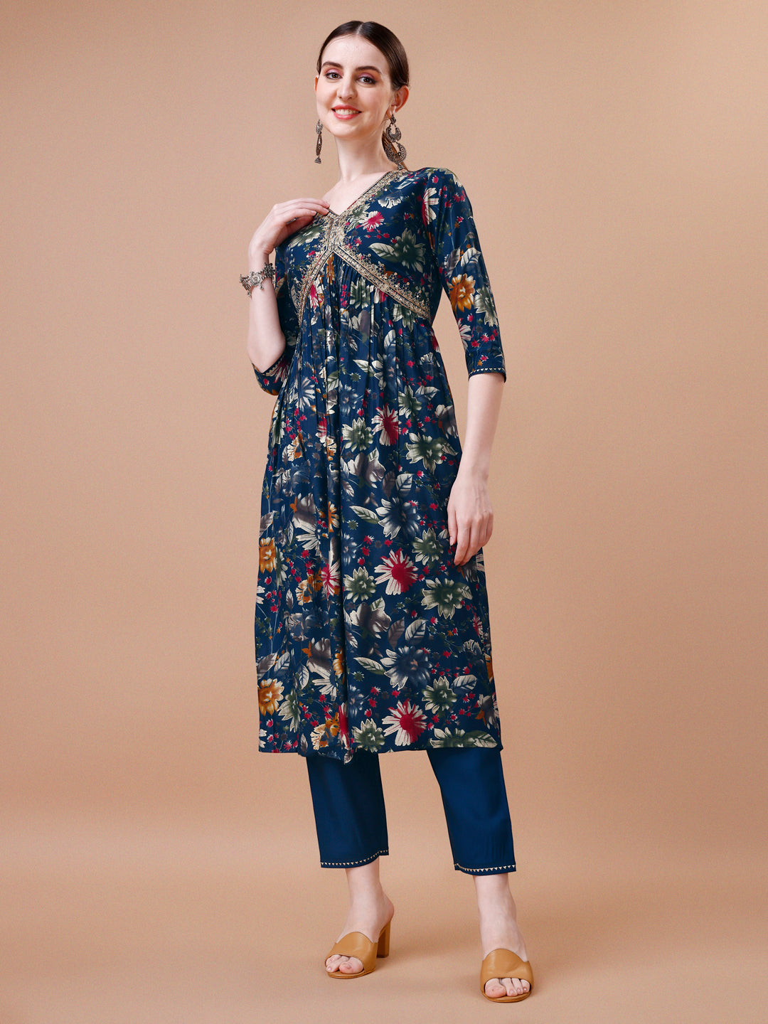 Alia cut floral printed embroidered kurta with pant & dupatta