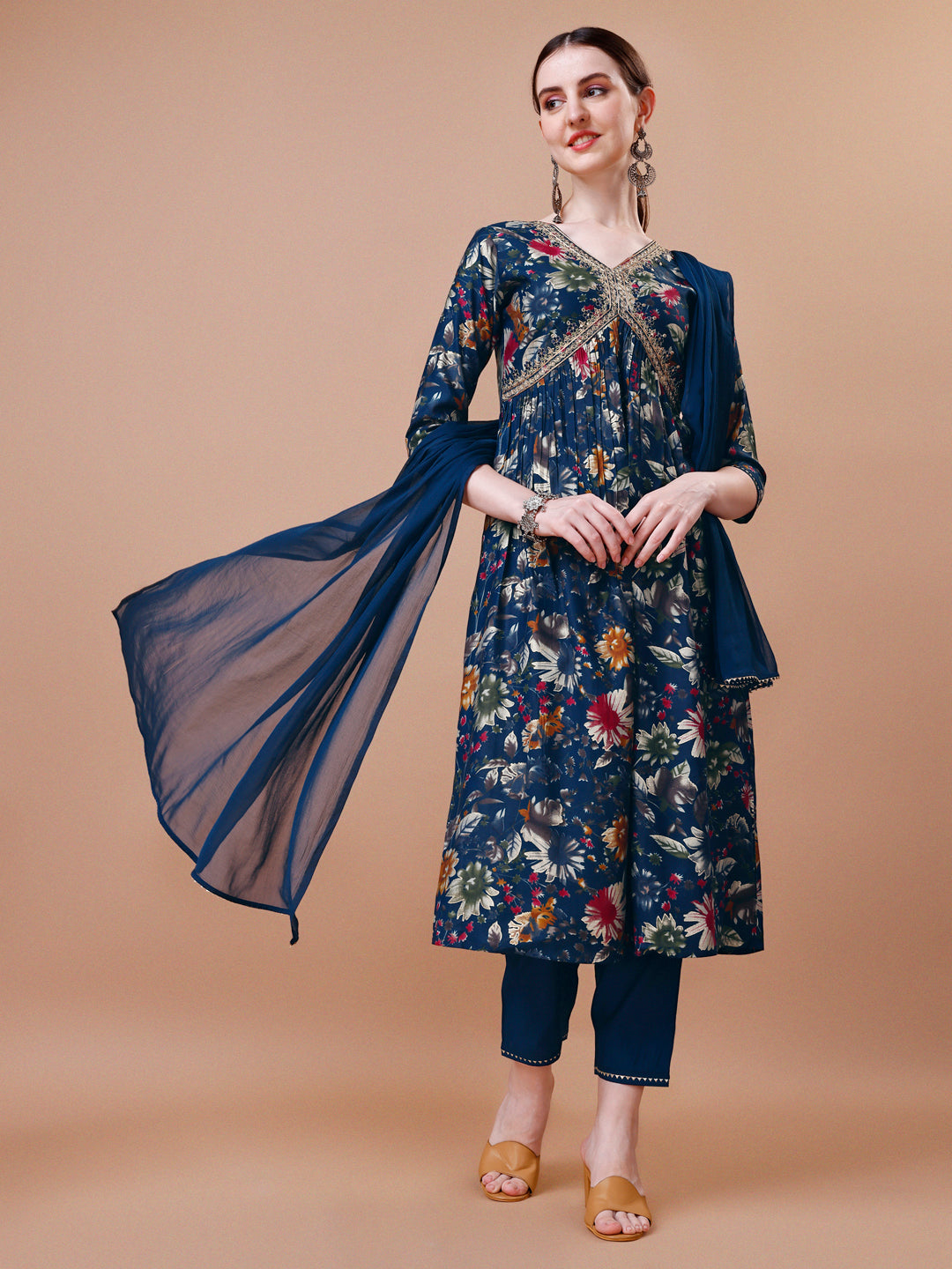 Alia cut floral printed embroidered kurta with pant & dupatta