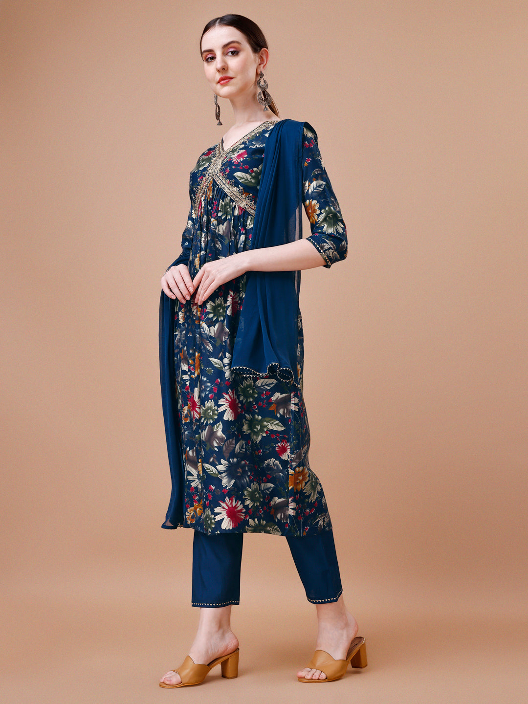 Alia cut floral printed embroidered kurta with pant & dupatta