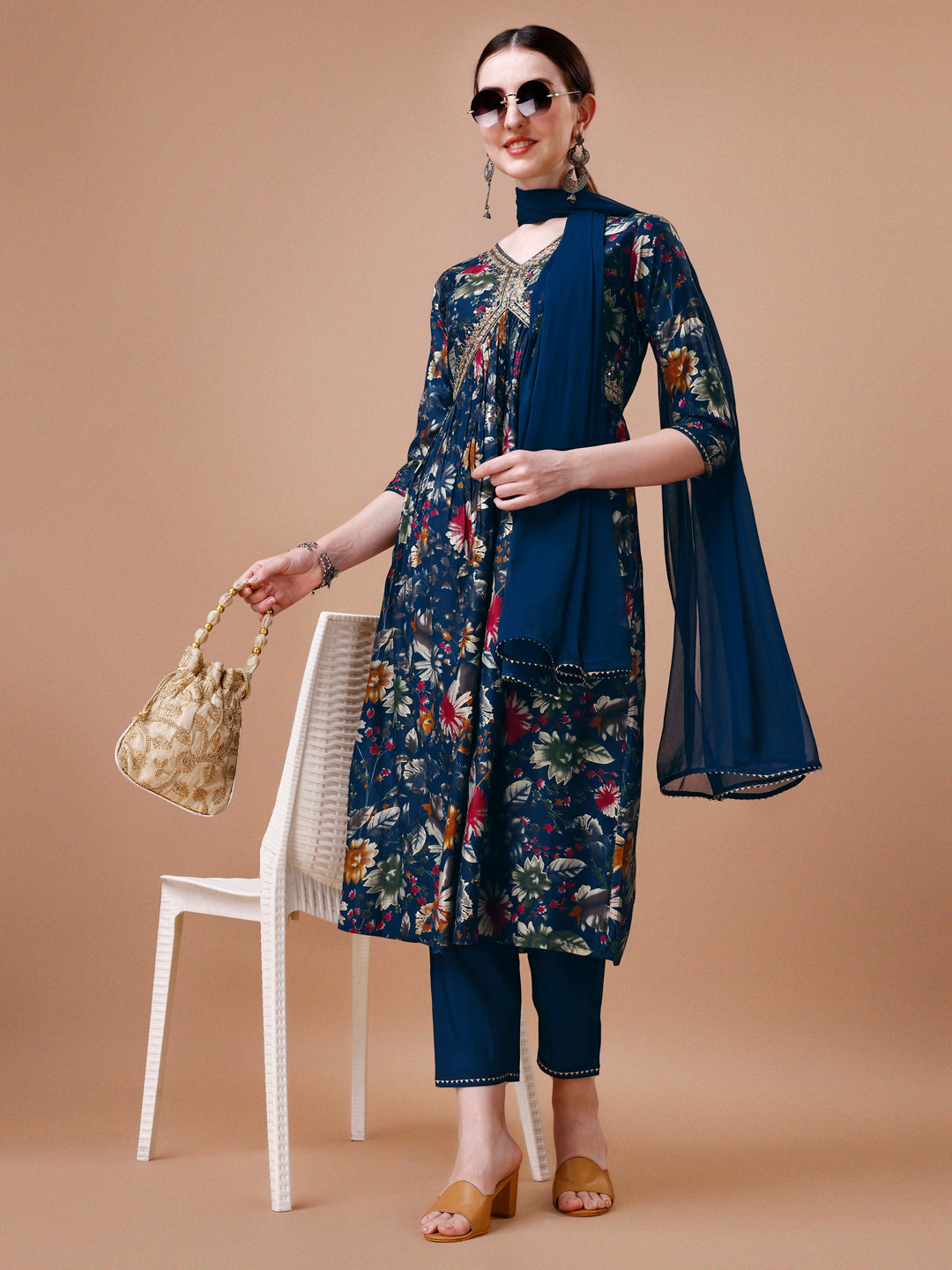 Alia cut floral printed embroidered kurta with pant & dupatta