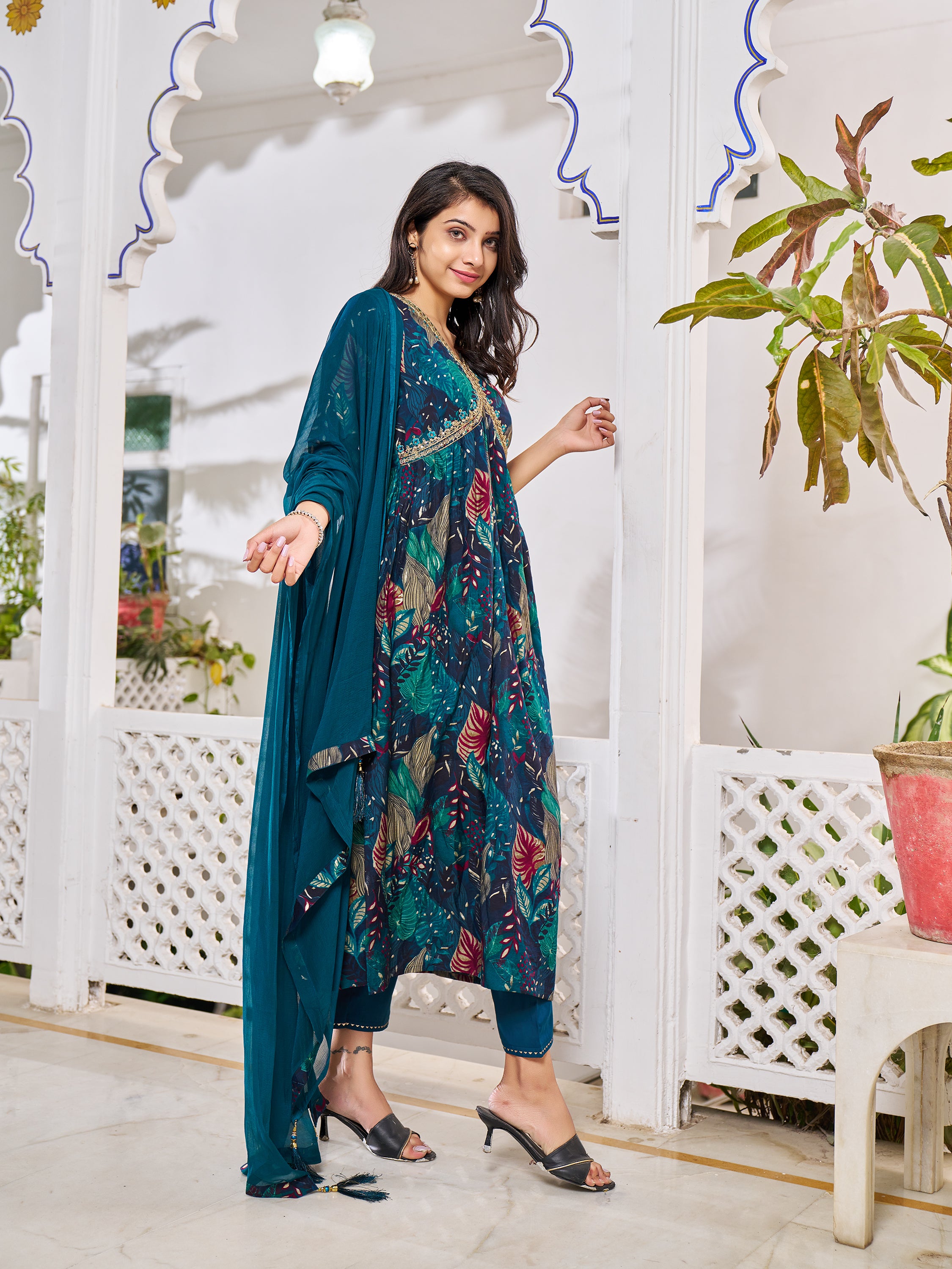 Alia Cut Embroidered & Floral Printed Kurta with pant & dupatta