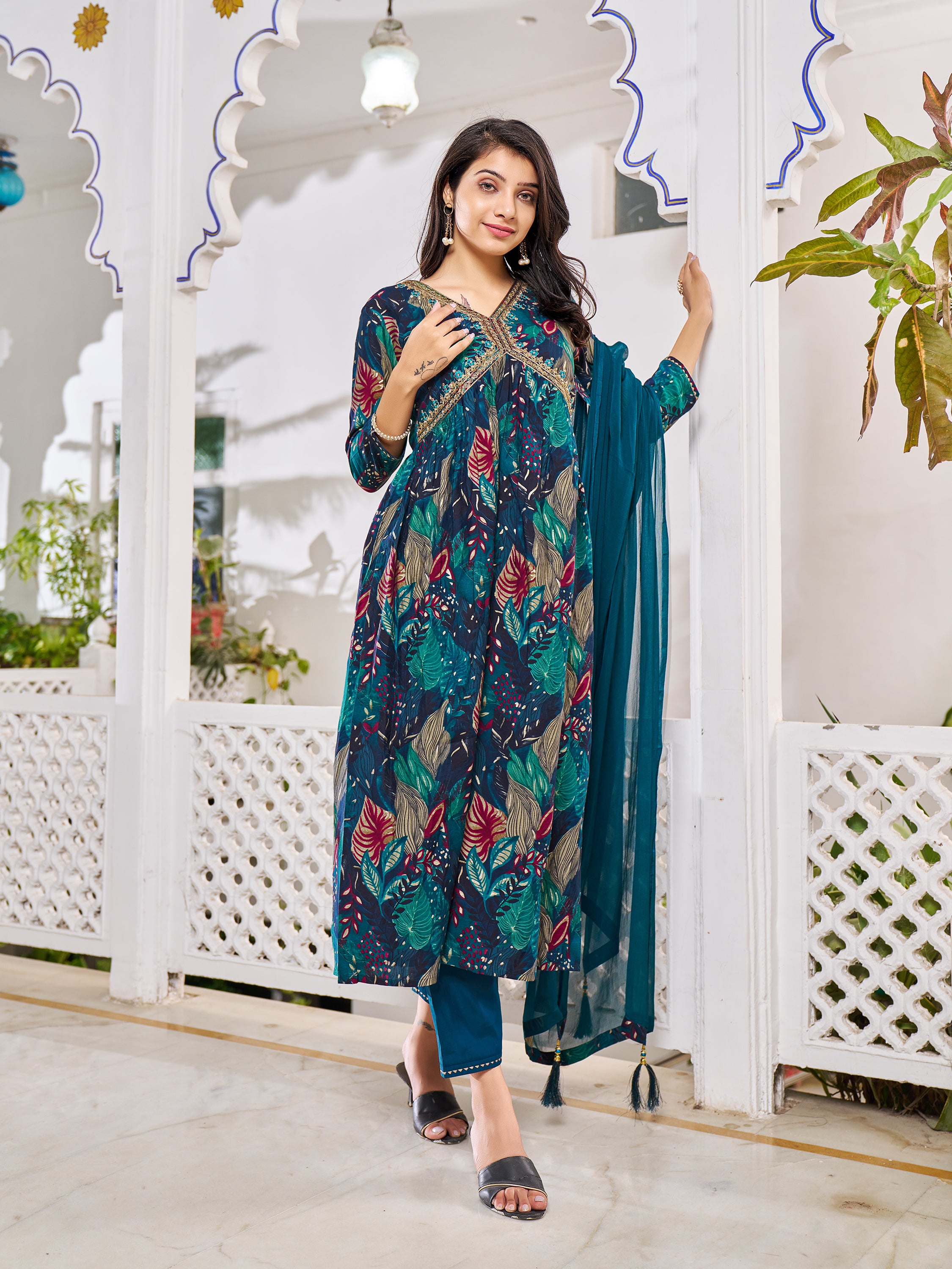 Alia Cut Embroidered & Floral Printed Kurta with pant & dupatta