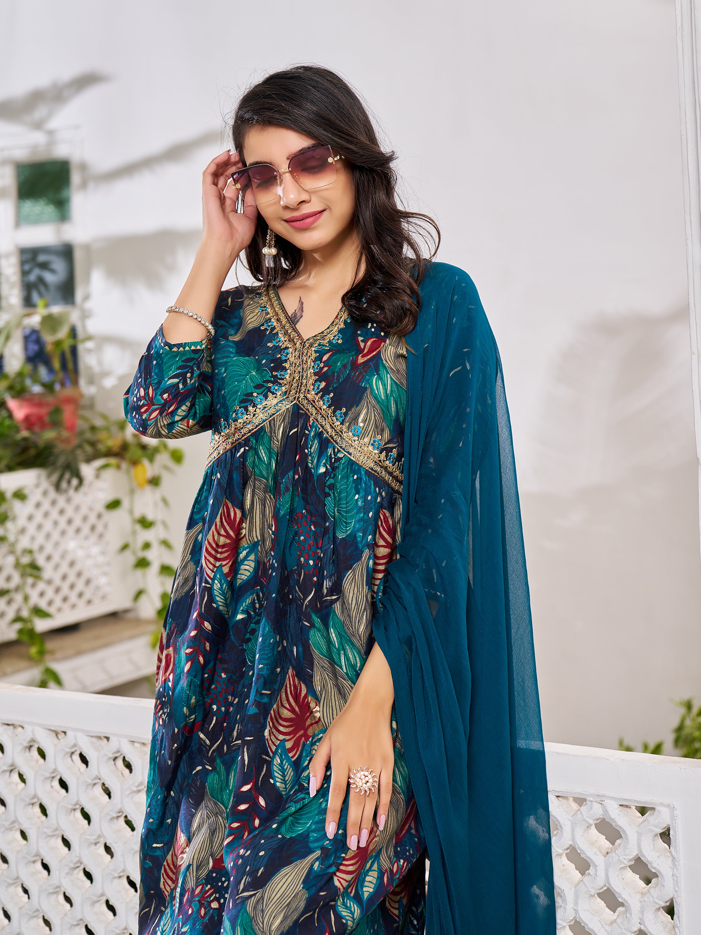 Alia Cut Embroidered & Floral Printed Kurta with pant & dupatta