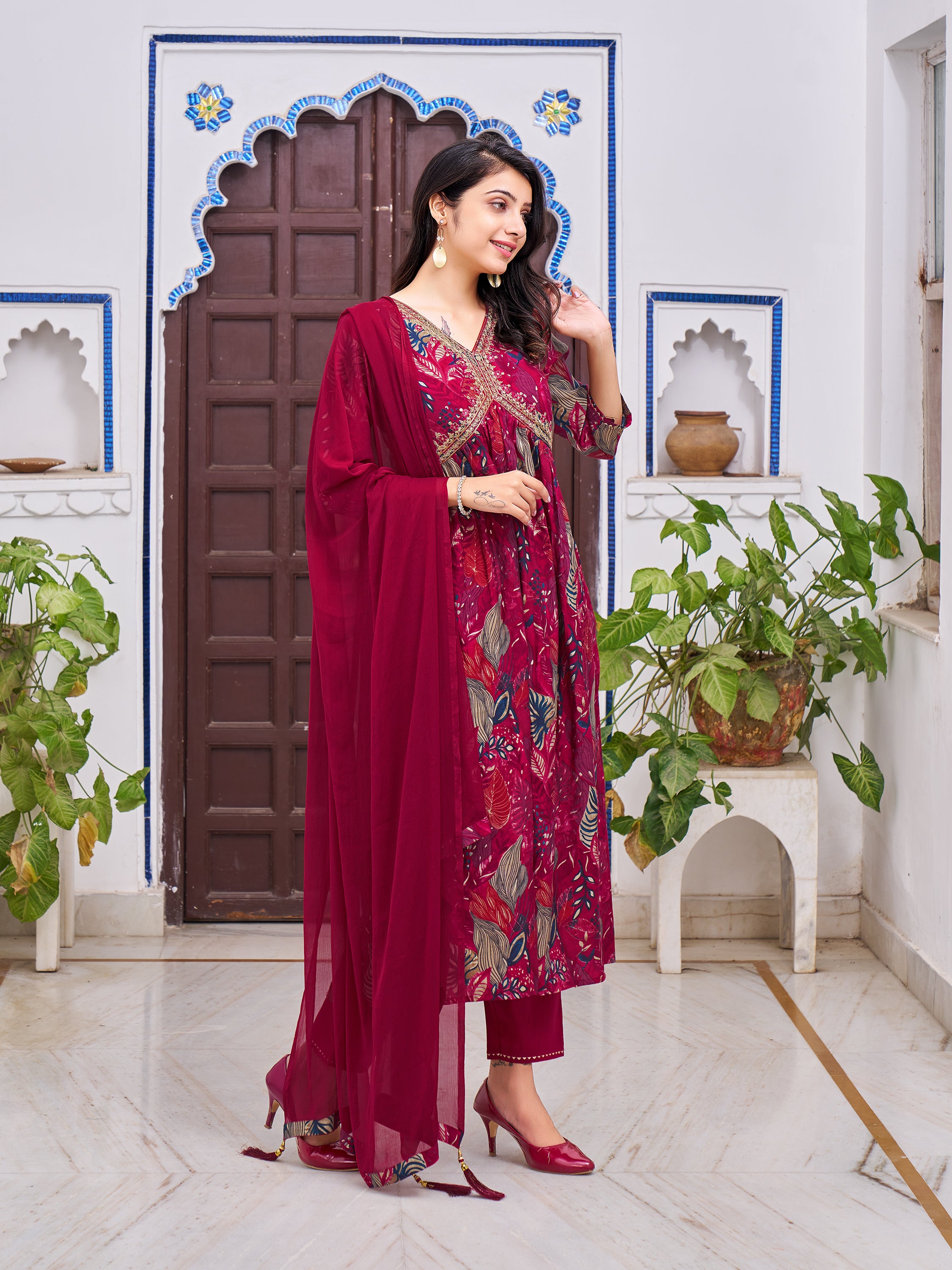 Alia Cut Embroidered & Floral Printed Kurta with pant & dupatta