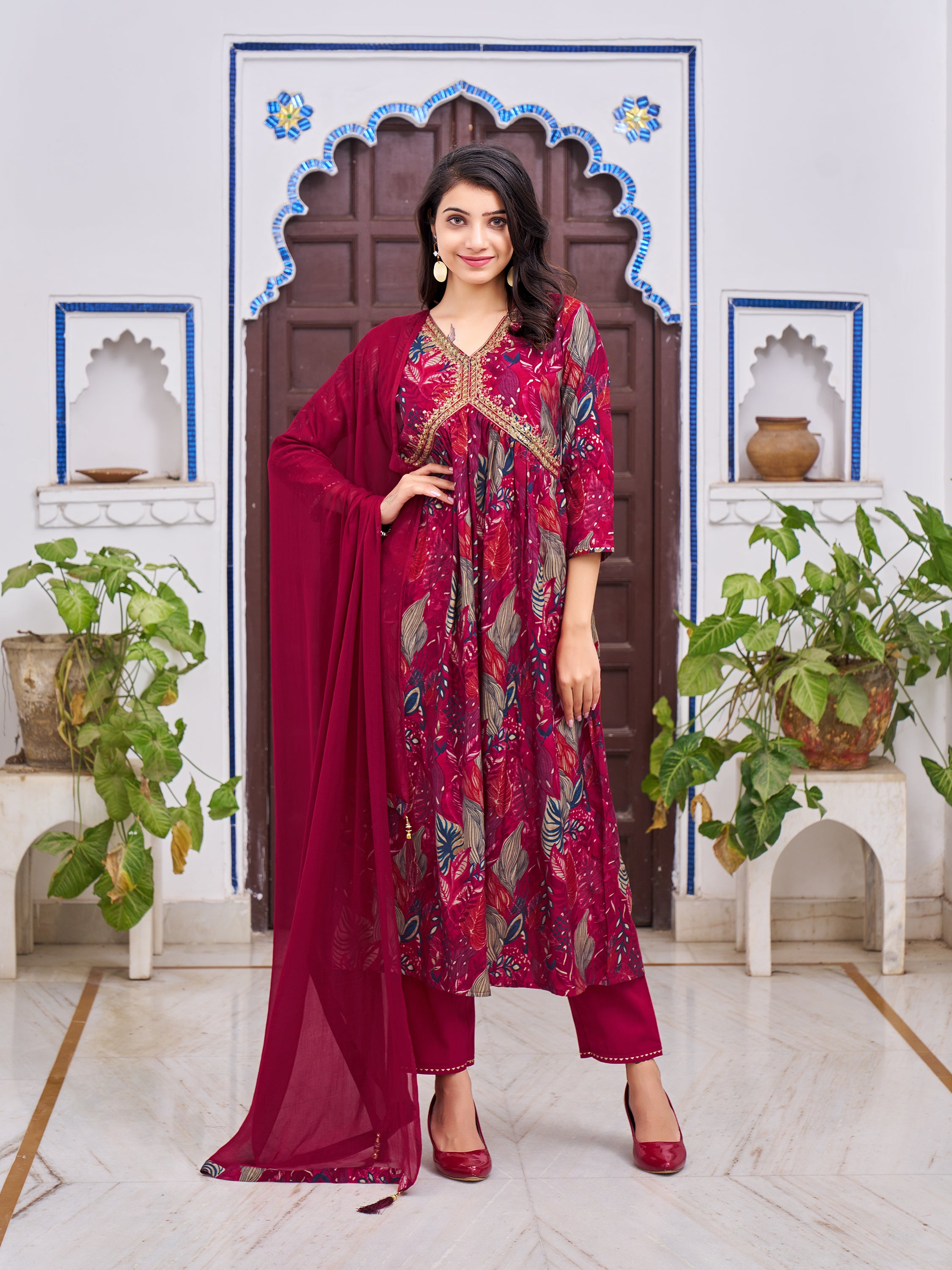 Alia Cut Embroidered & Floral Printed Kurta with pant & dupatta