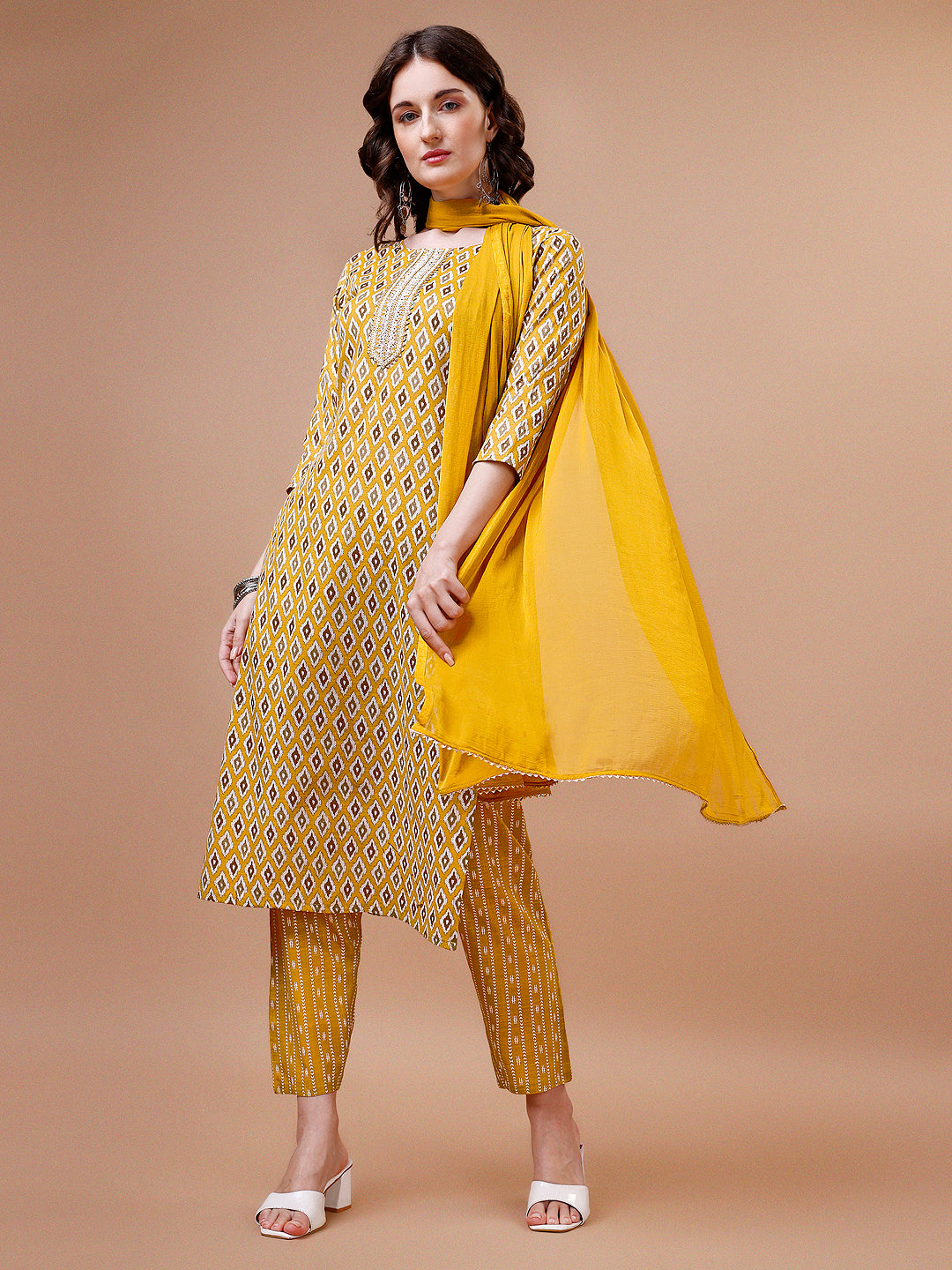 Ethnic Motifs Printed Cotton Kurta with pant & dupatta