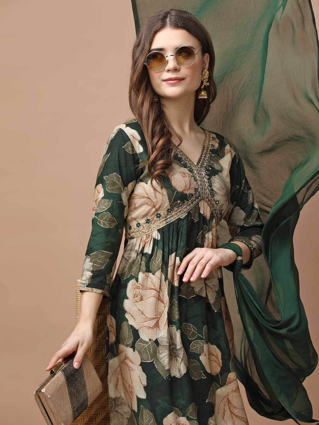 Alia cut Rayon Embroidered & Floral Printed Kurta with pant & dupatta Premium