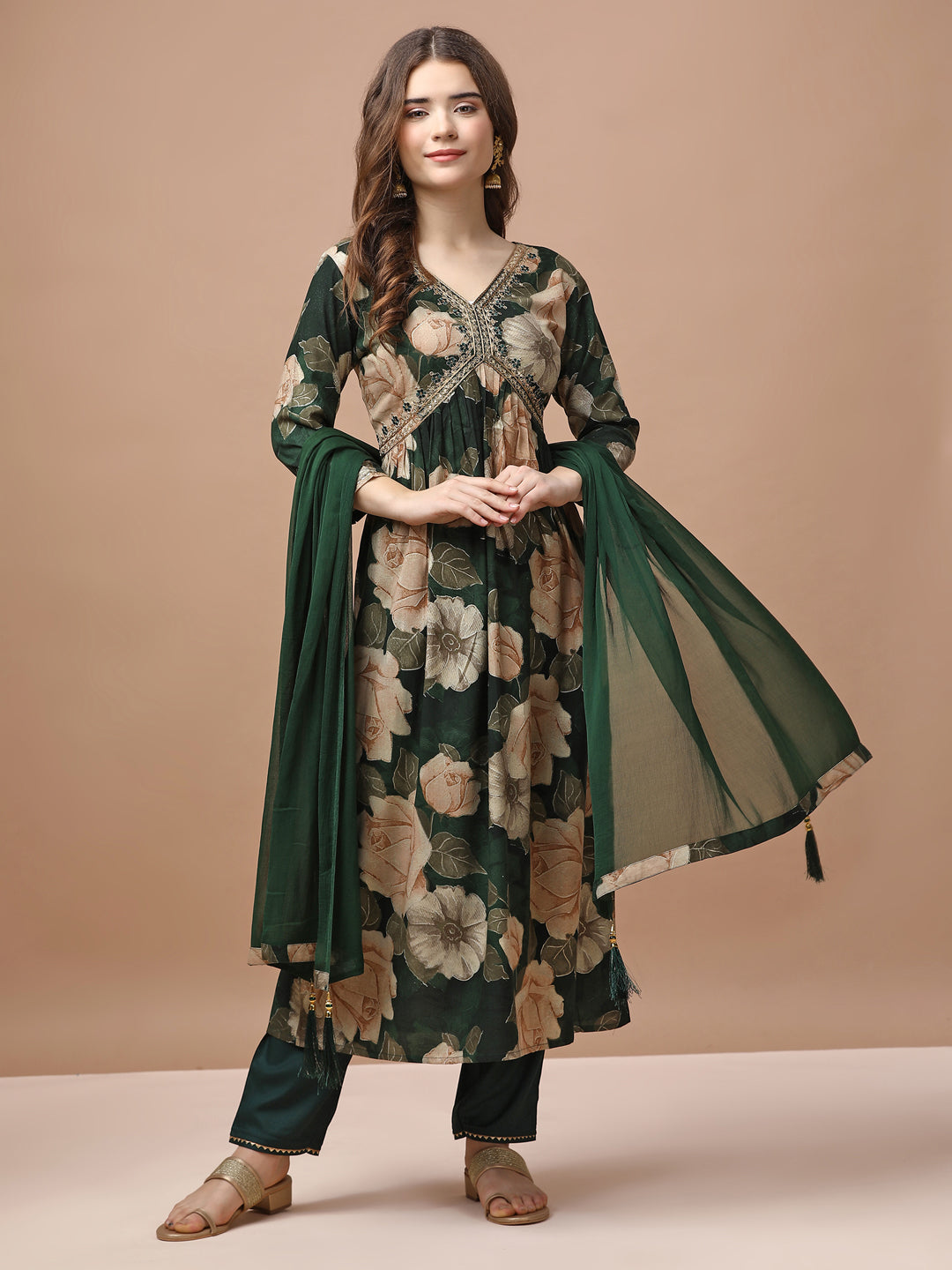 Alia cut Rayon Embroidered & Floral Printed Kurta with pant & dupatta Premium