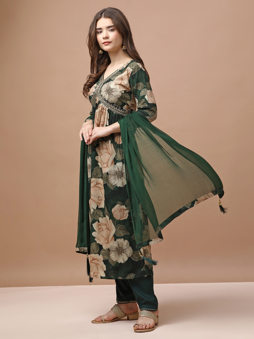 Alia cut Rayon Embroidered & Floral Printed Kurta with pant & dupatta Premium