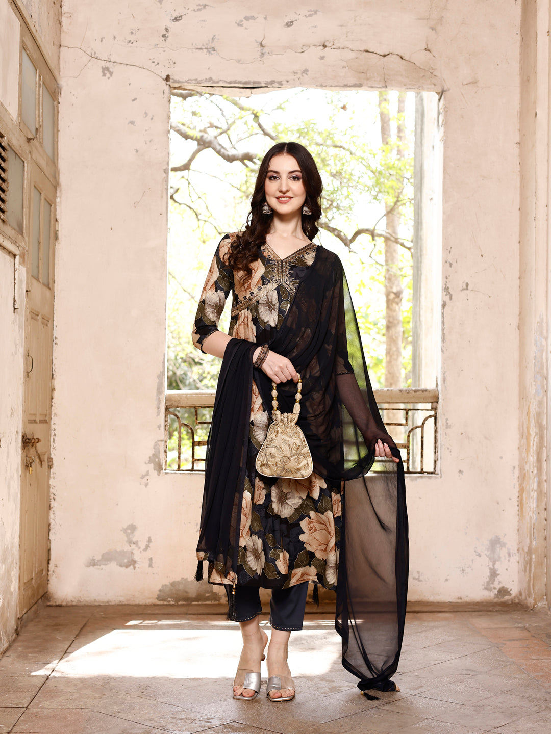 Alia cut Rayon Embroidered & Floral Printed Kurta with pant & dupatta