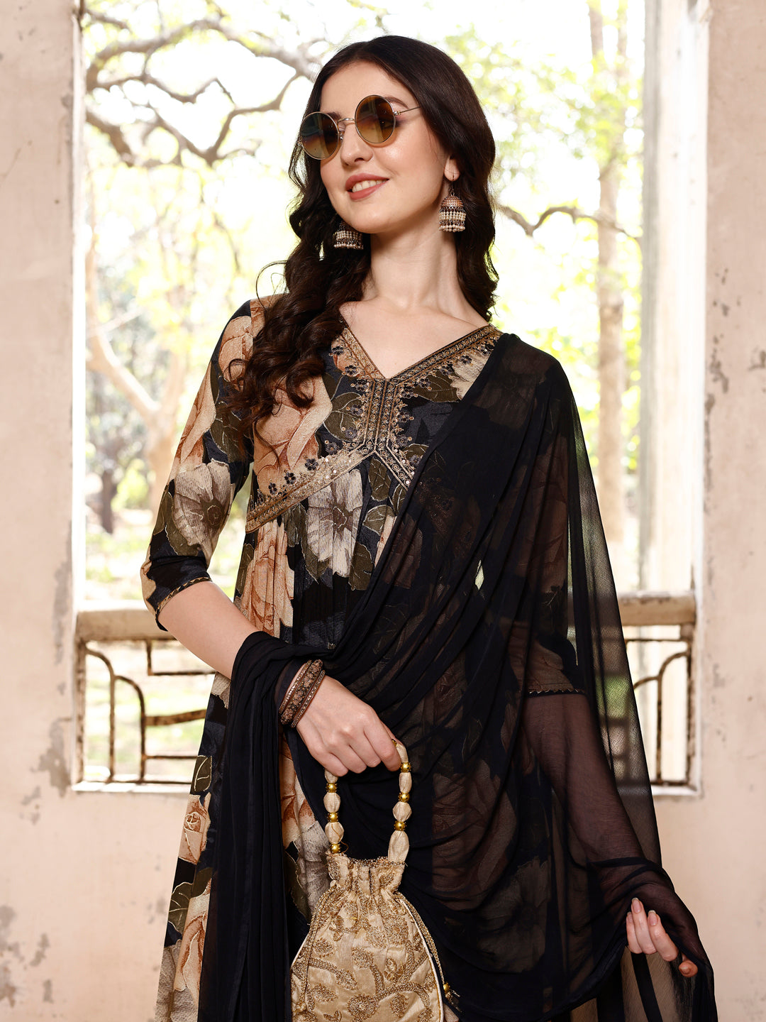 Alia cut Rayon Embroidered & Floral Printed Kurta with pant & dupatta