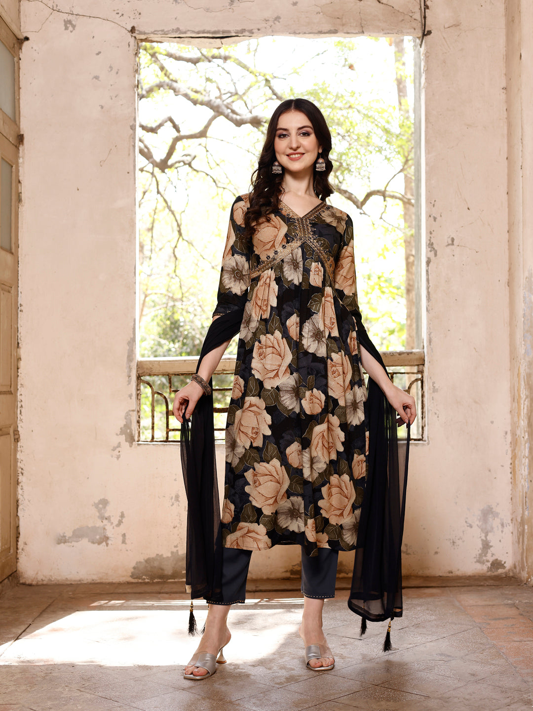 Alia cut Rayon Embroidered & Floral Printed Kurta with pant & dupatta