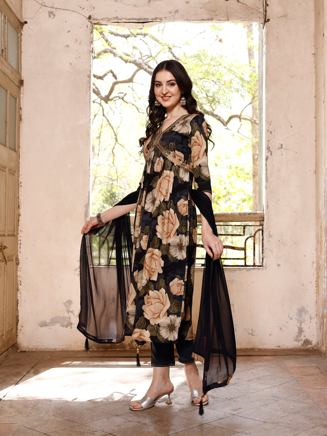 Alia cut Rayon Embroidered & Floral Printed Kurta with pant & dupatta