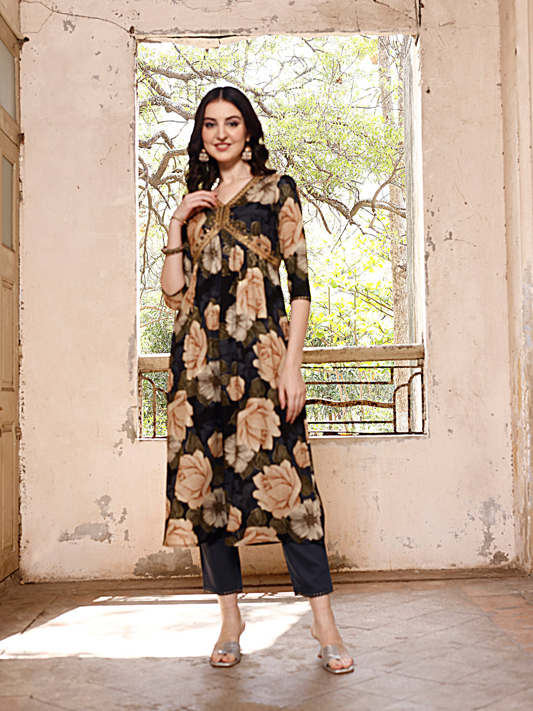 Alia cut Rayon Embroidered & Floral Printed Kurta with pant & dupatta