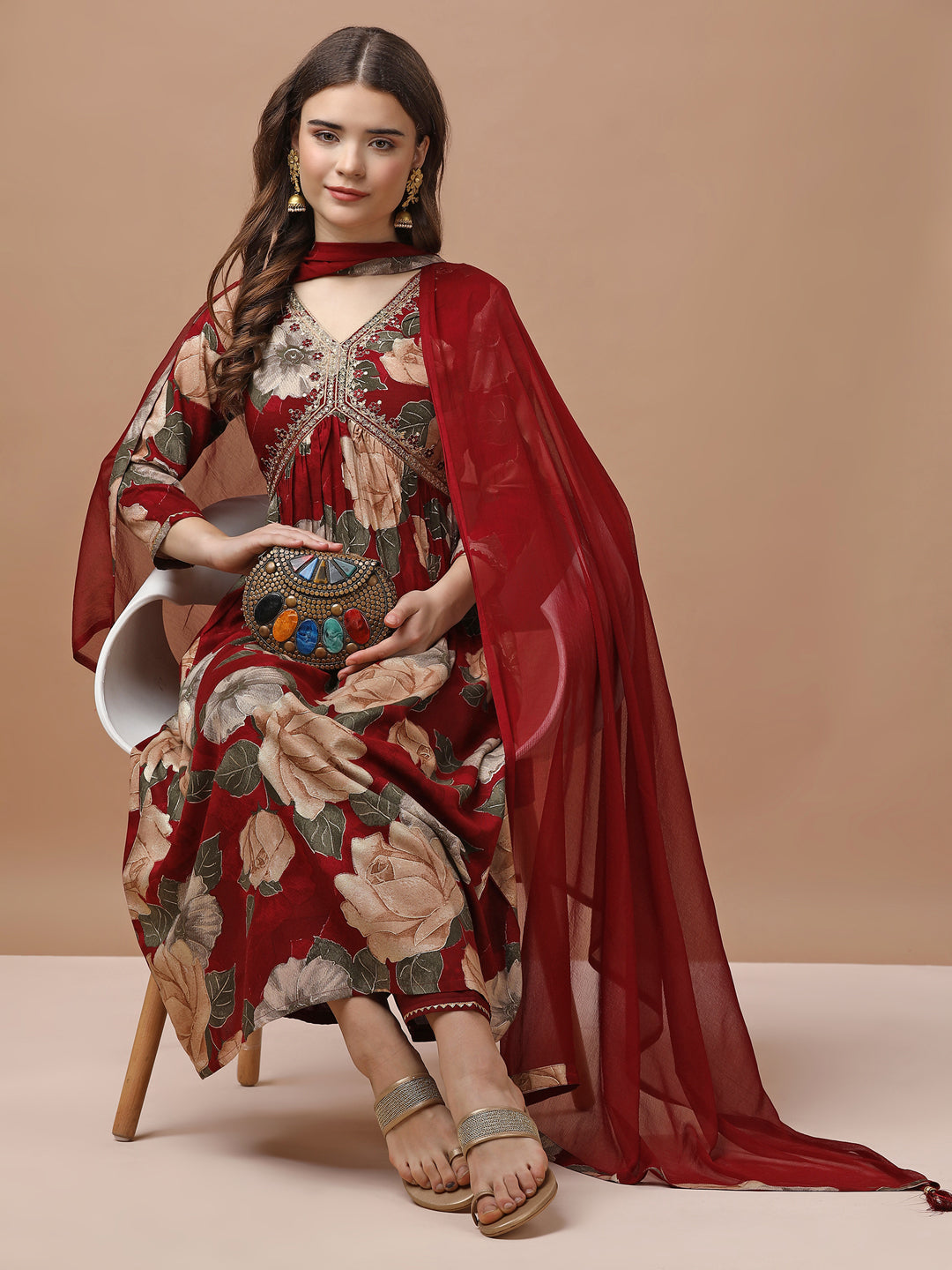 Alia cut Rayon Embroidered & Floral Printed Kurta with pant & dupatta Premium