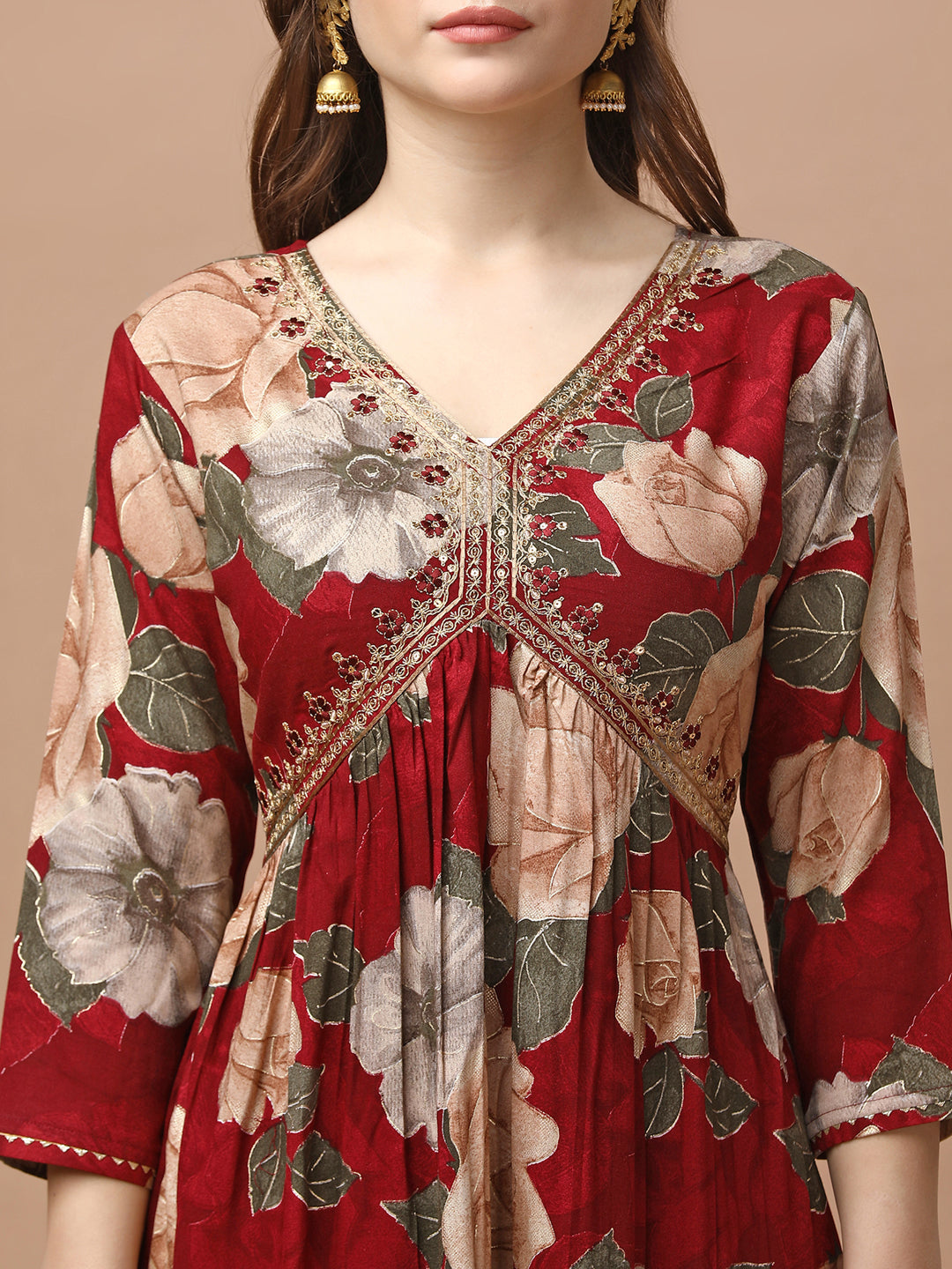 Alia cut Rayon Embroidered & Floral Printed Kurta with pant & dupatta Premium