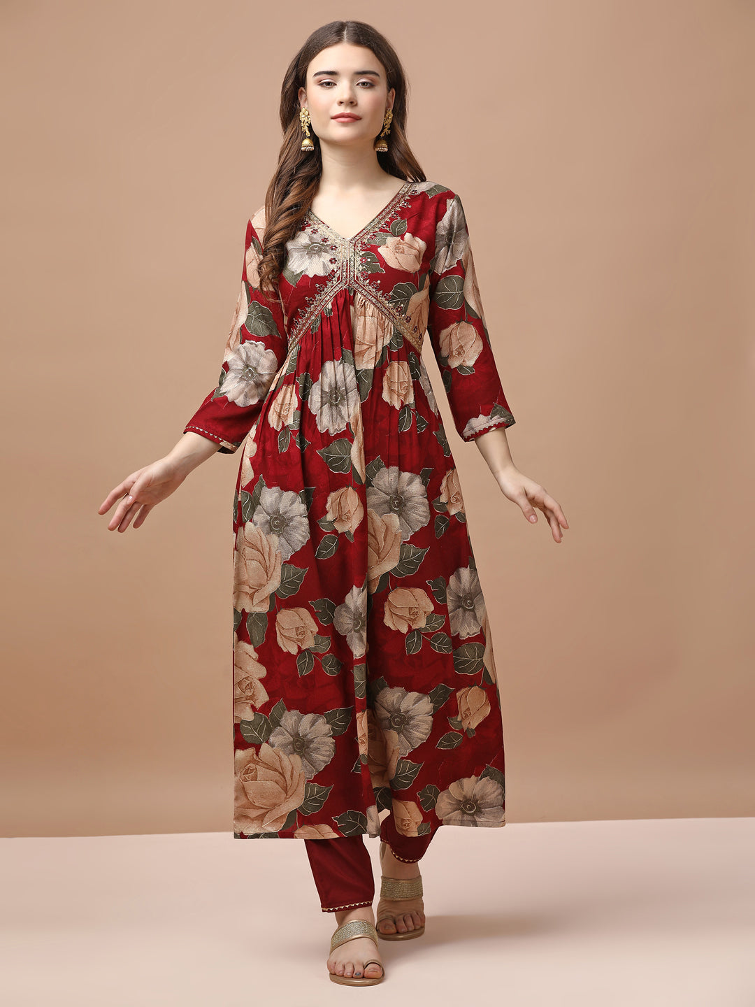 Alia cut Rayon Embroidered & Floral Printed Kurta with pant & dupatta Premium