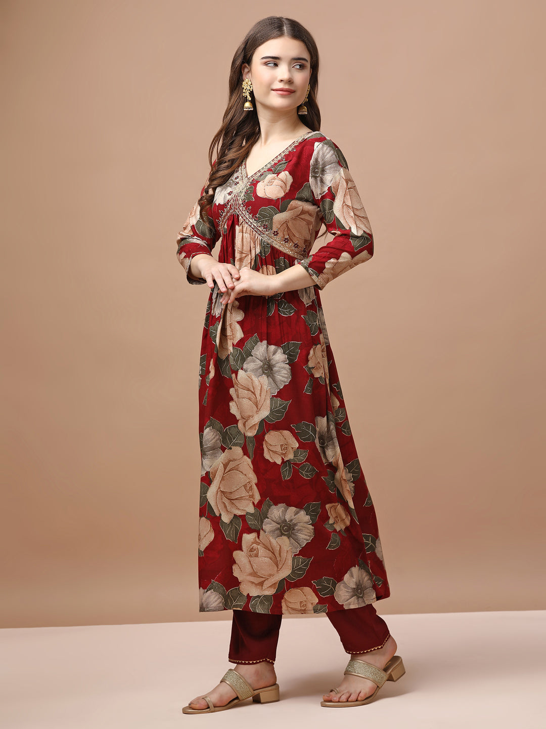 Alia cut Rayon Embroidered & Floral Printed Kurta with pant & dupatta Premium