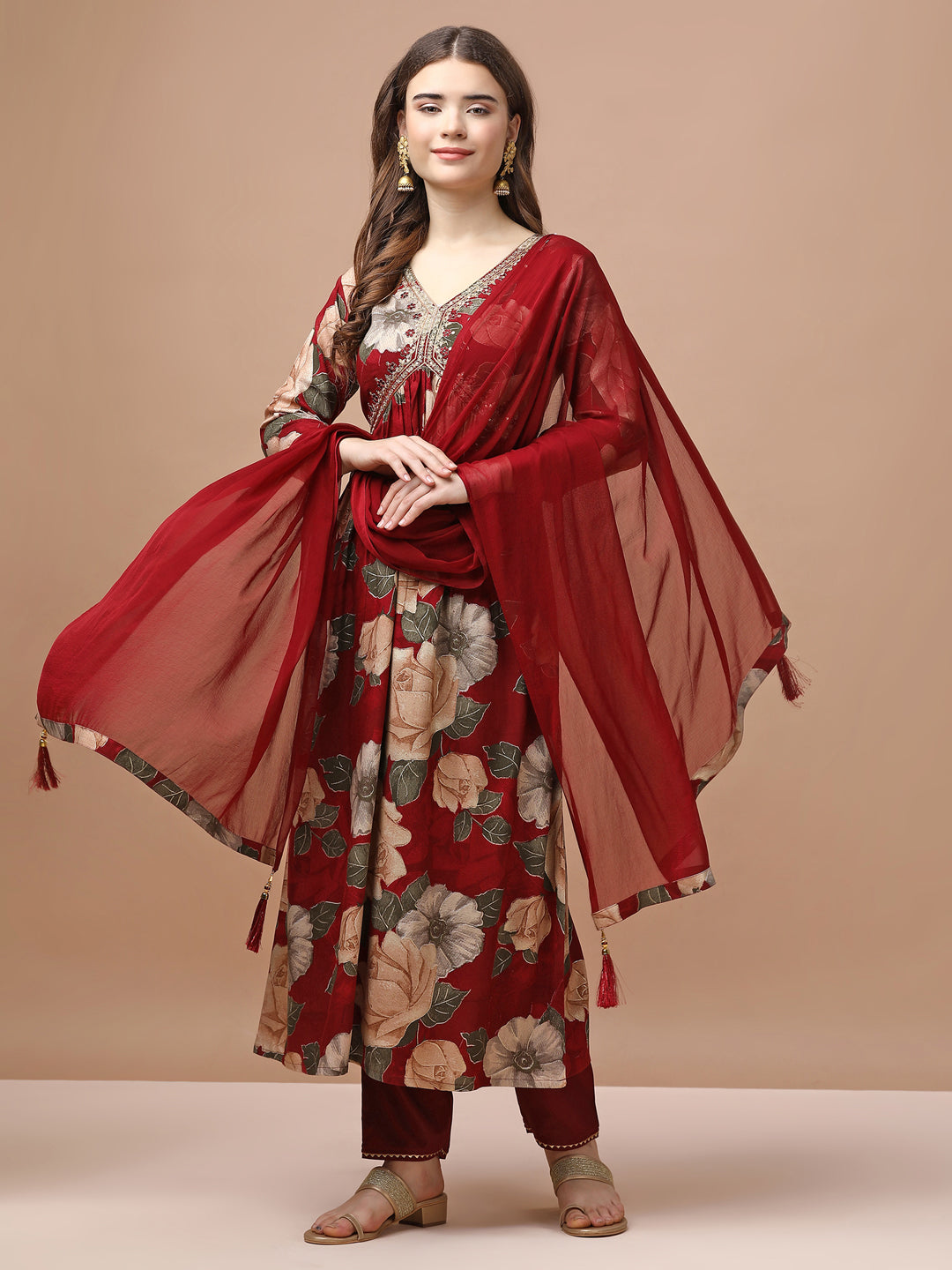 Alia cut Rayon Embroidered & Floral Printed Kurta with pant & dupatta Premium