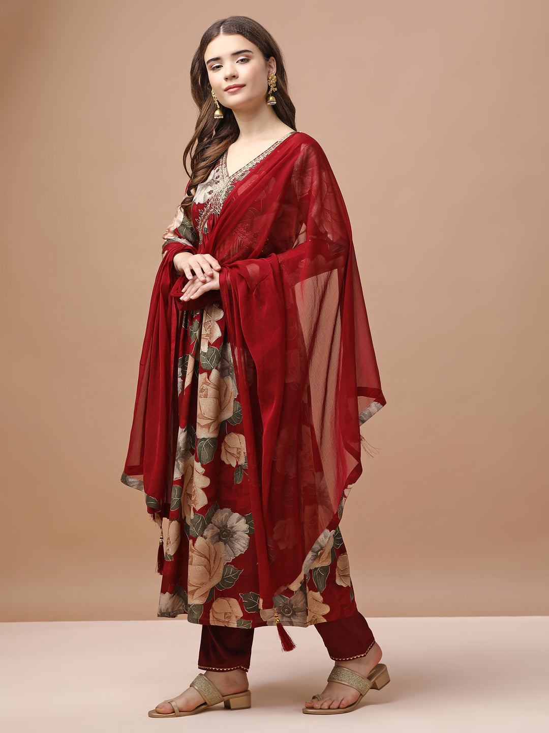 Alia cut Rayon Embroidered & Floral Printed Kurta with pant & dupatta Premium