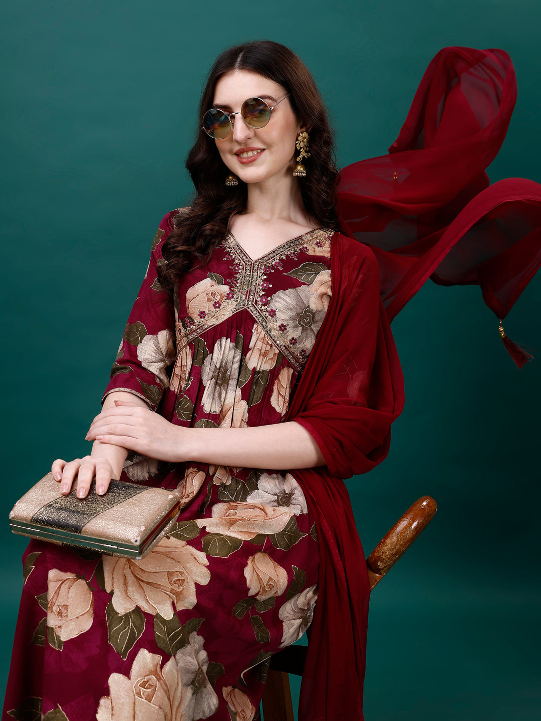 Alia cut Rayon Embroidered & Floral Printed Kurta with pant & dupatta