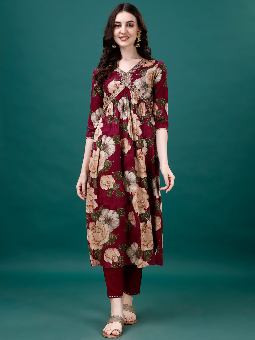 Alia cut Rayon Embroidered & Floral Printed Kurta with pant & dupatta