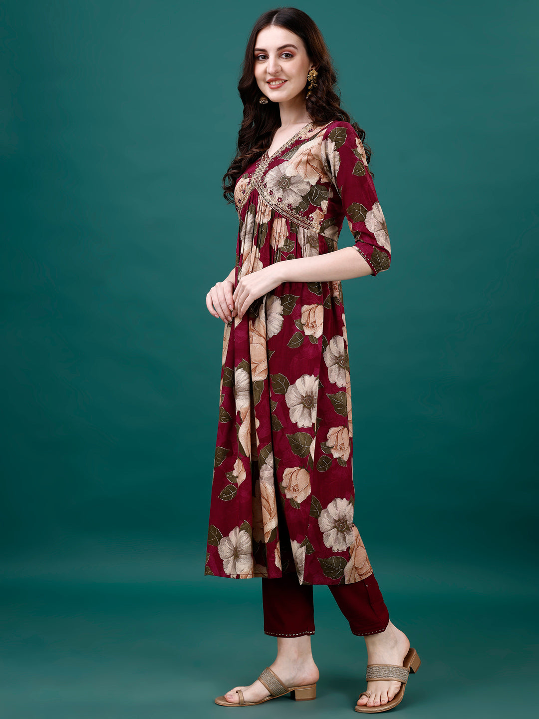 Alia cut Rayon Embroidered & Floral Printed Kurta with pant & dupatta