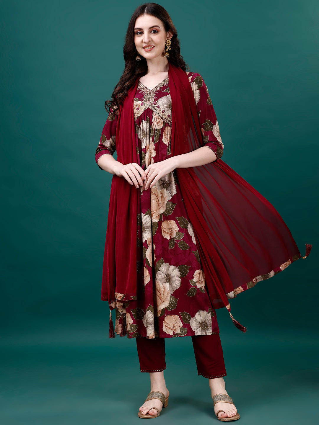 Alia cut Rayon Embroidered & Floral Printed Kurta with pant & dupatta