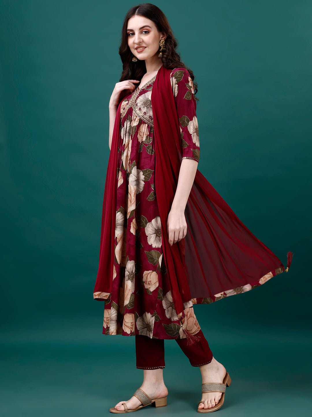 Alia cut Rayon Embroidered & Floral Printed Kurta with pant & dupatta