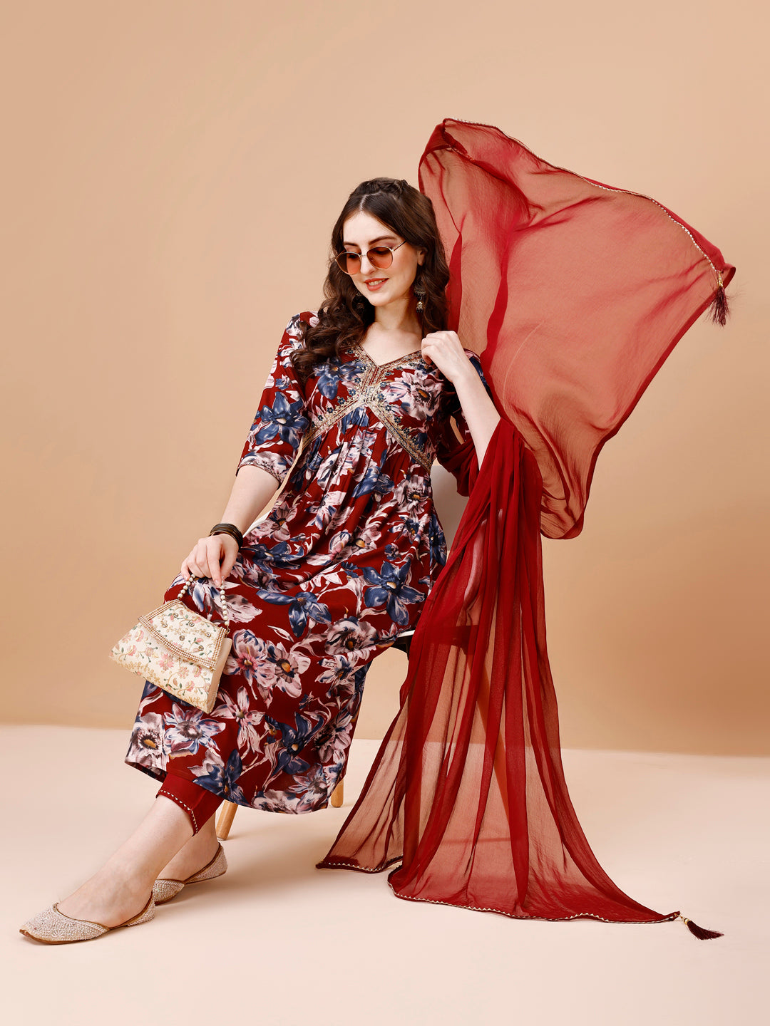 Alia Cut Embroidered & Floral Printed Rayon Kurta with pant & dupatta