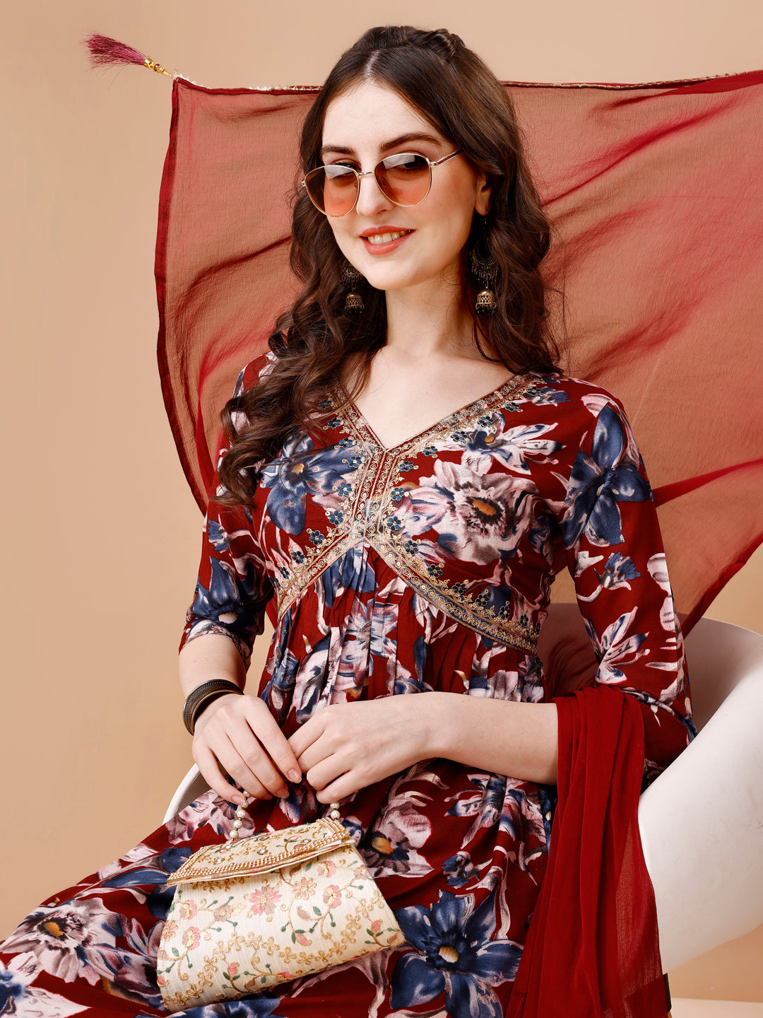 Alia Cut Embroidered & Floral Printed Rayon Kurta with pant & dupatta