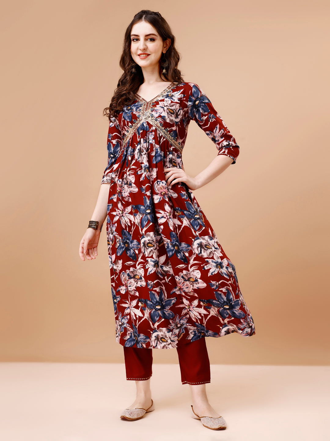 Alia Cut Embroidered & Floral Printed Rayon Kurta with pant & dupatta