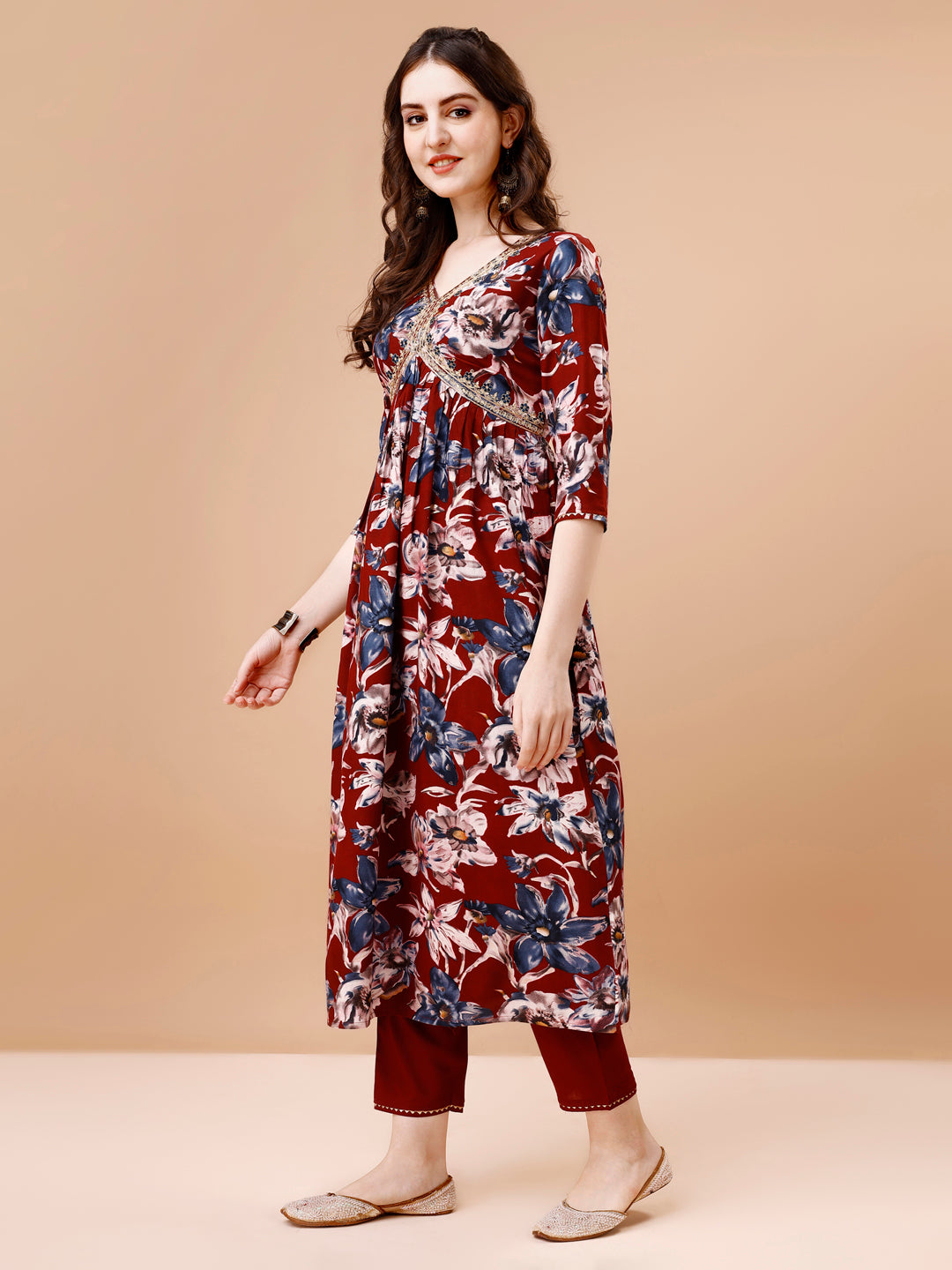 Alia Cut Embroidered & Floral Printed Rayon Kurta with pant & dupatta