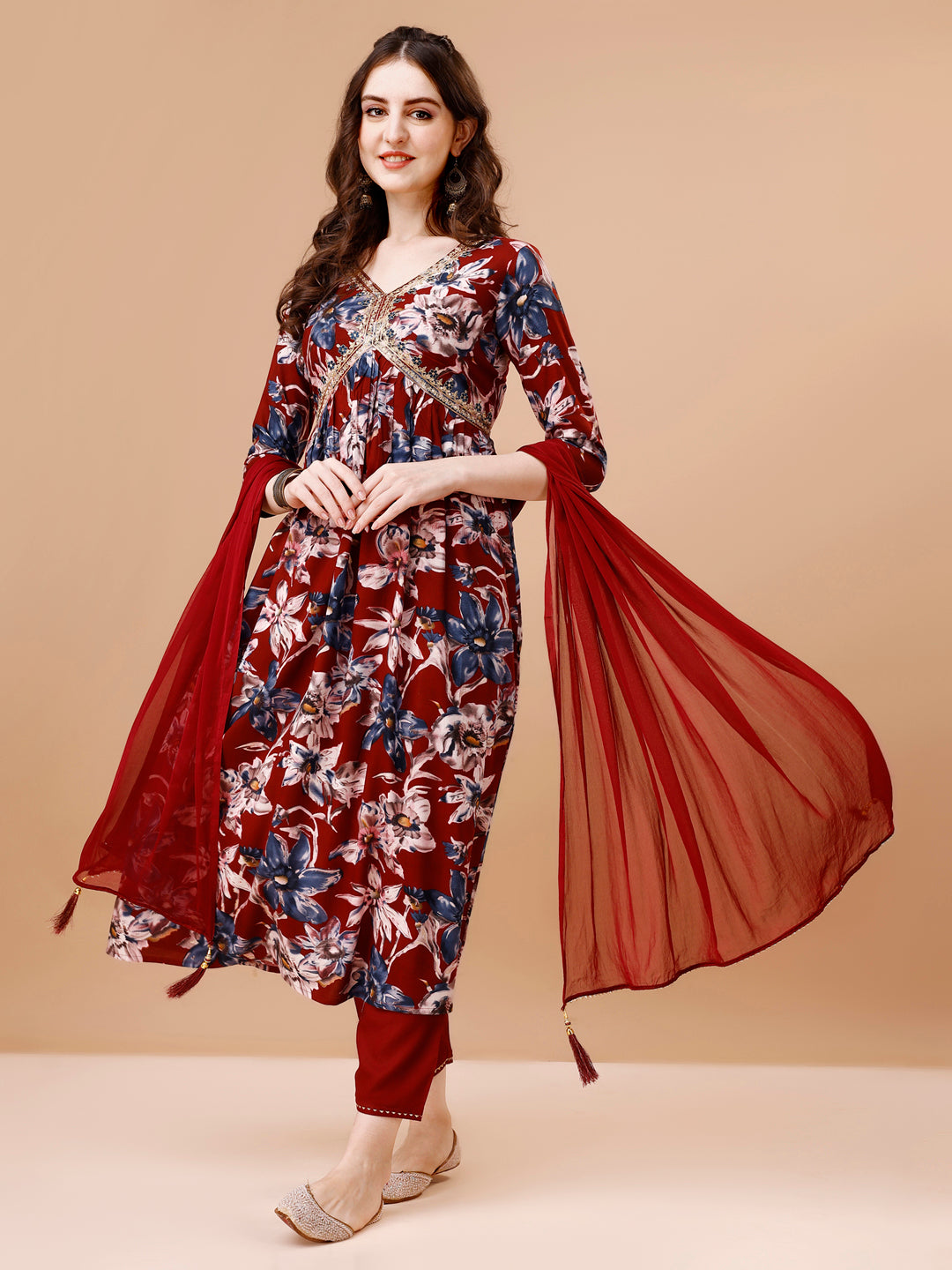 Alia Cut Embroidered & Floral Printed Rayon Kurta with pant & dupatta