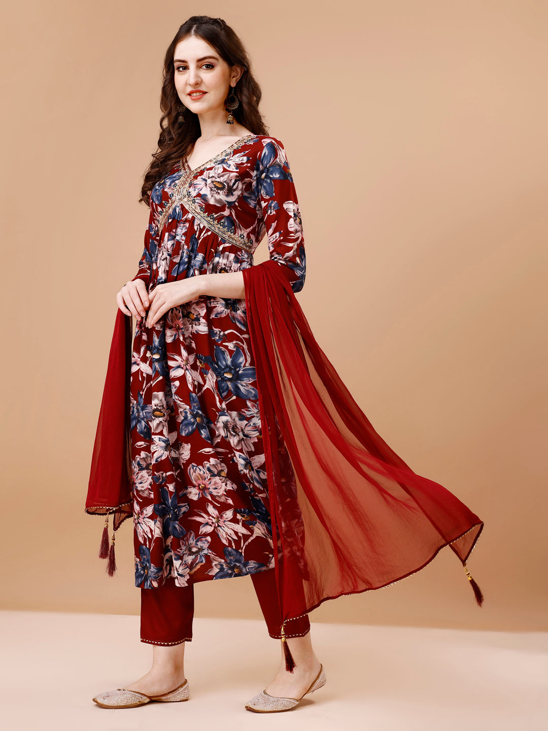 Alia Cut Embroidered & Floral Printed Rayon Kurta with pant & dupatta