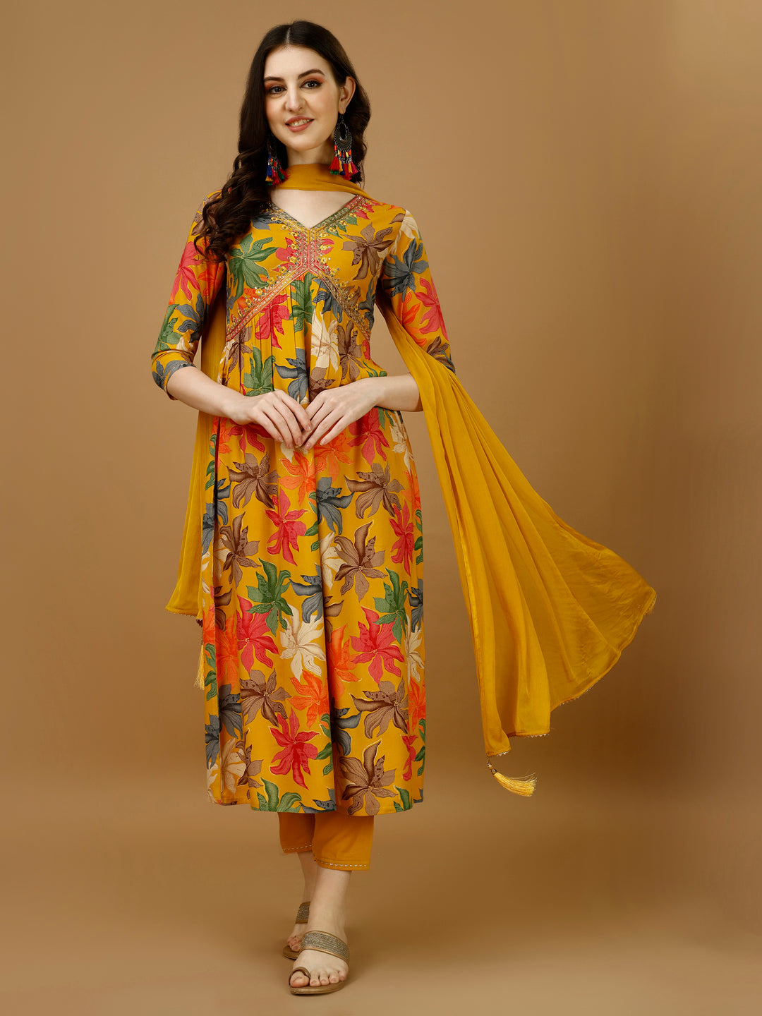 Alia cut Rayon Embroidered & Floral Printed Kurta with pant & dupatta