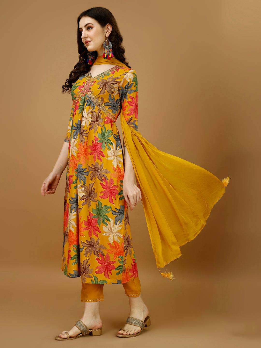 Alia cut Rayon Embroidered & Floral Printed Kurta with pant & dupatta