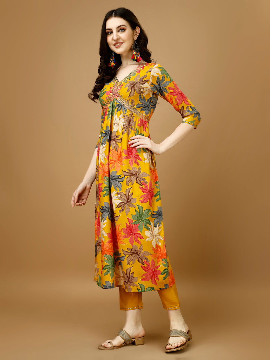 Alia cut Rayon Embroidered & Floral Printed Kurta with pant & dupatta