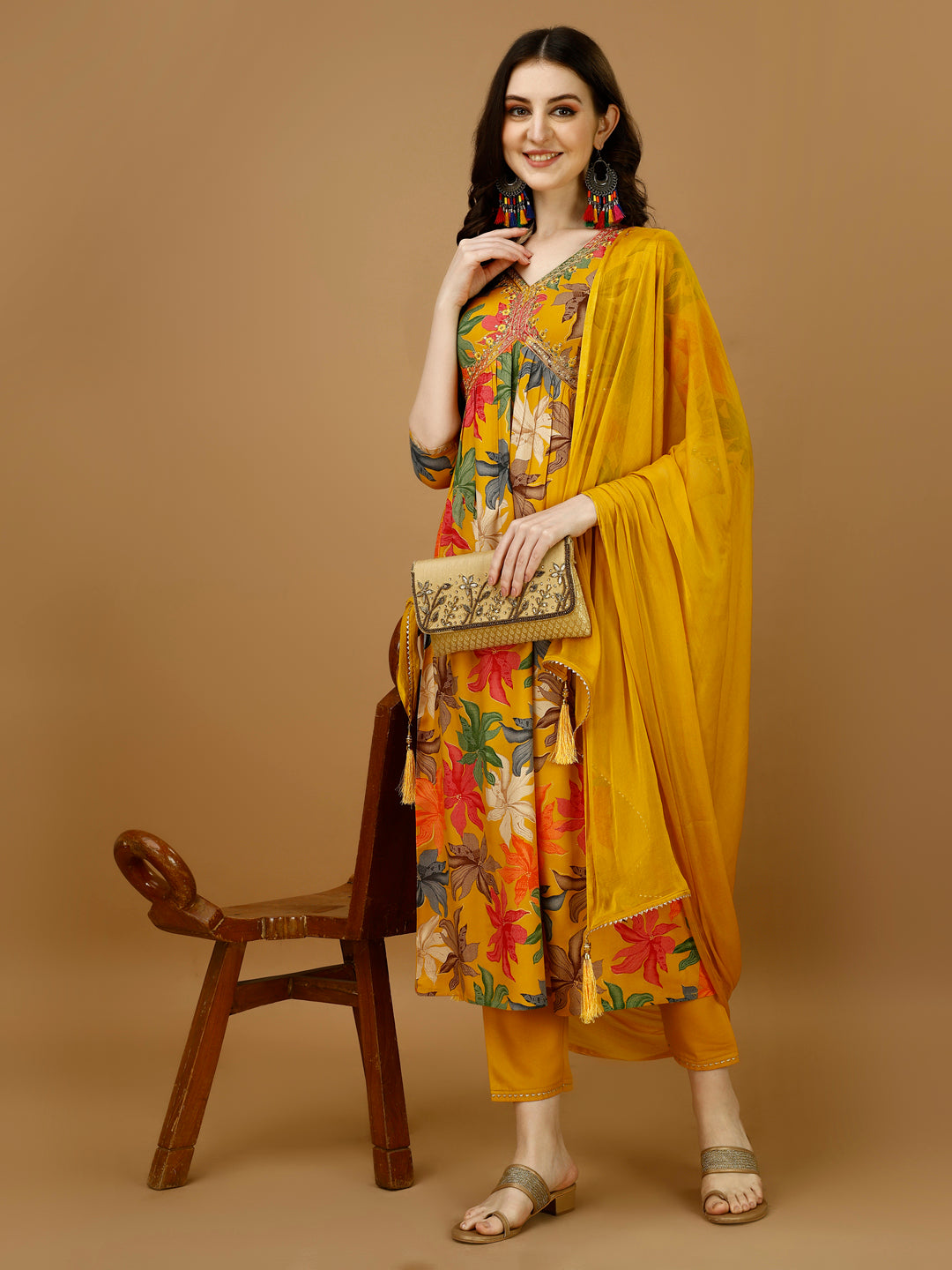 Alia cut Rayon Embroidered & Floral Printed Kurta with pant & dupatta