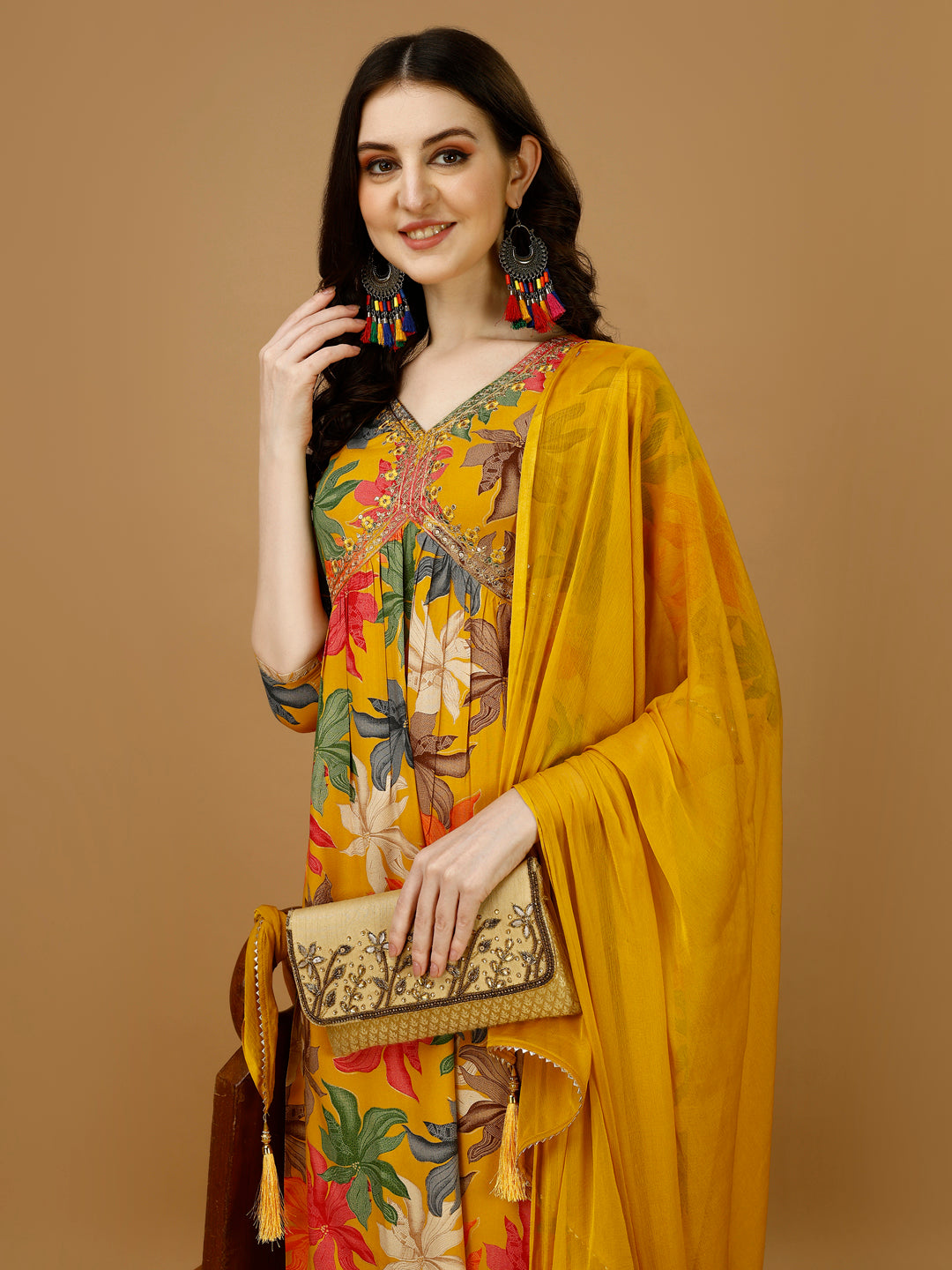 Alia cut Rayon Embroidered & Floral Printed Kurta with pant & dupatta