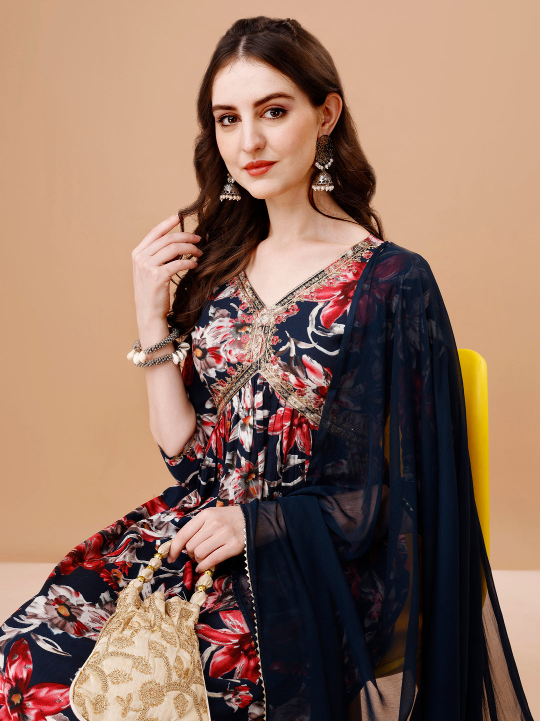 Alia Cut Embroidered & Floral Printed Rayon Kurta with pant & dupatta