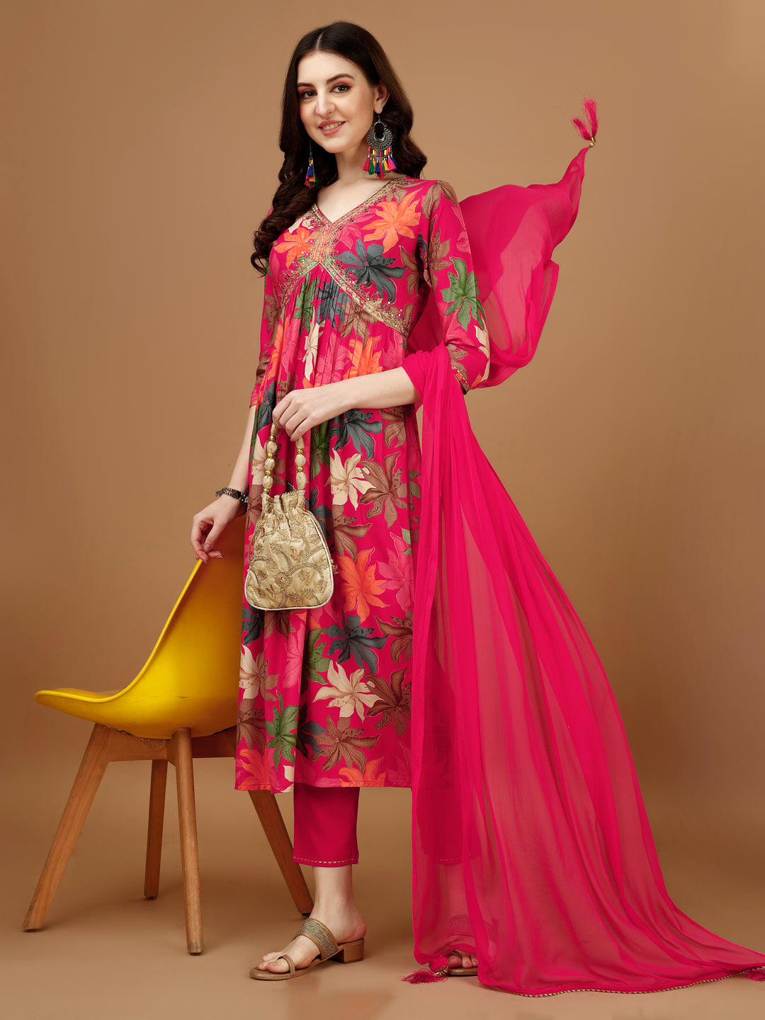 Alia cut Rayon Embroidered & Floral Printed Kurta with pant & dupatta