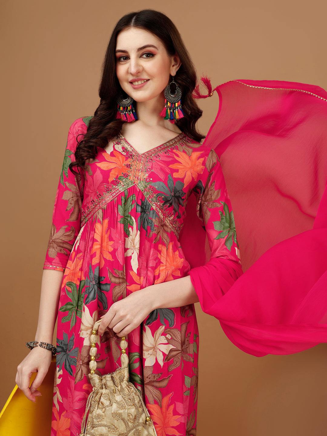 Alia cut Rayon Embroidered & Floral Printed Kurta with pant & dupatta