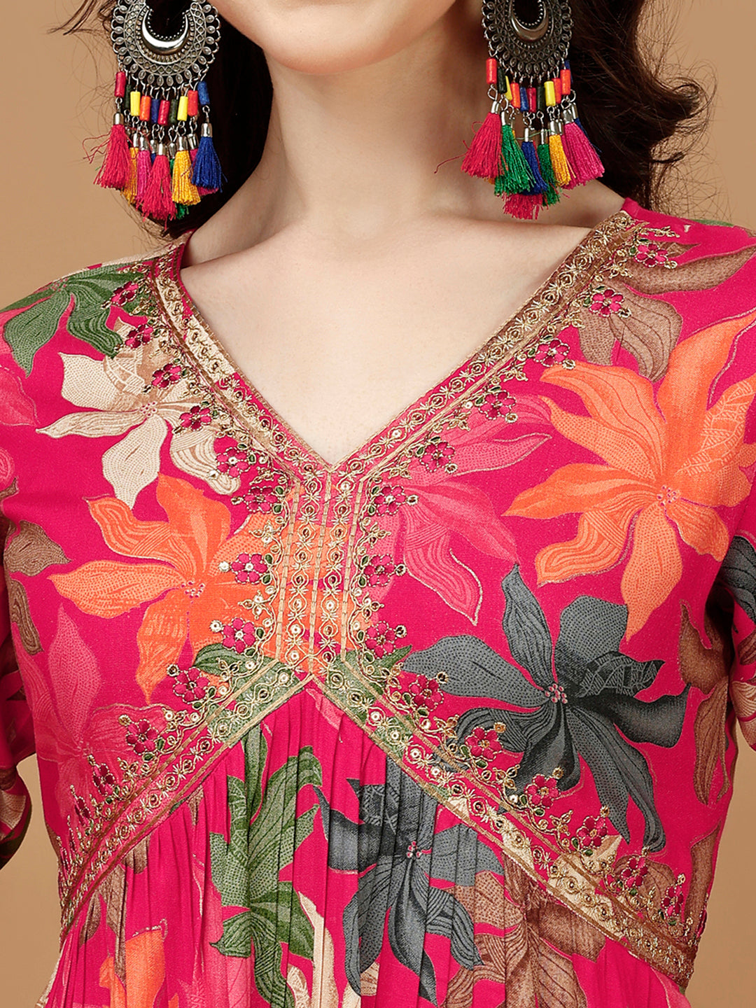 Alia cut Rayon Embroidered & Floral Printed Kurta with pant & dupatta