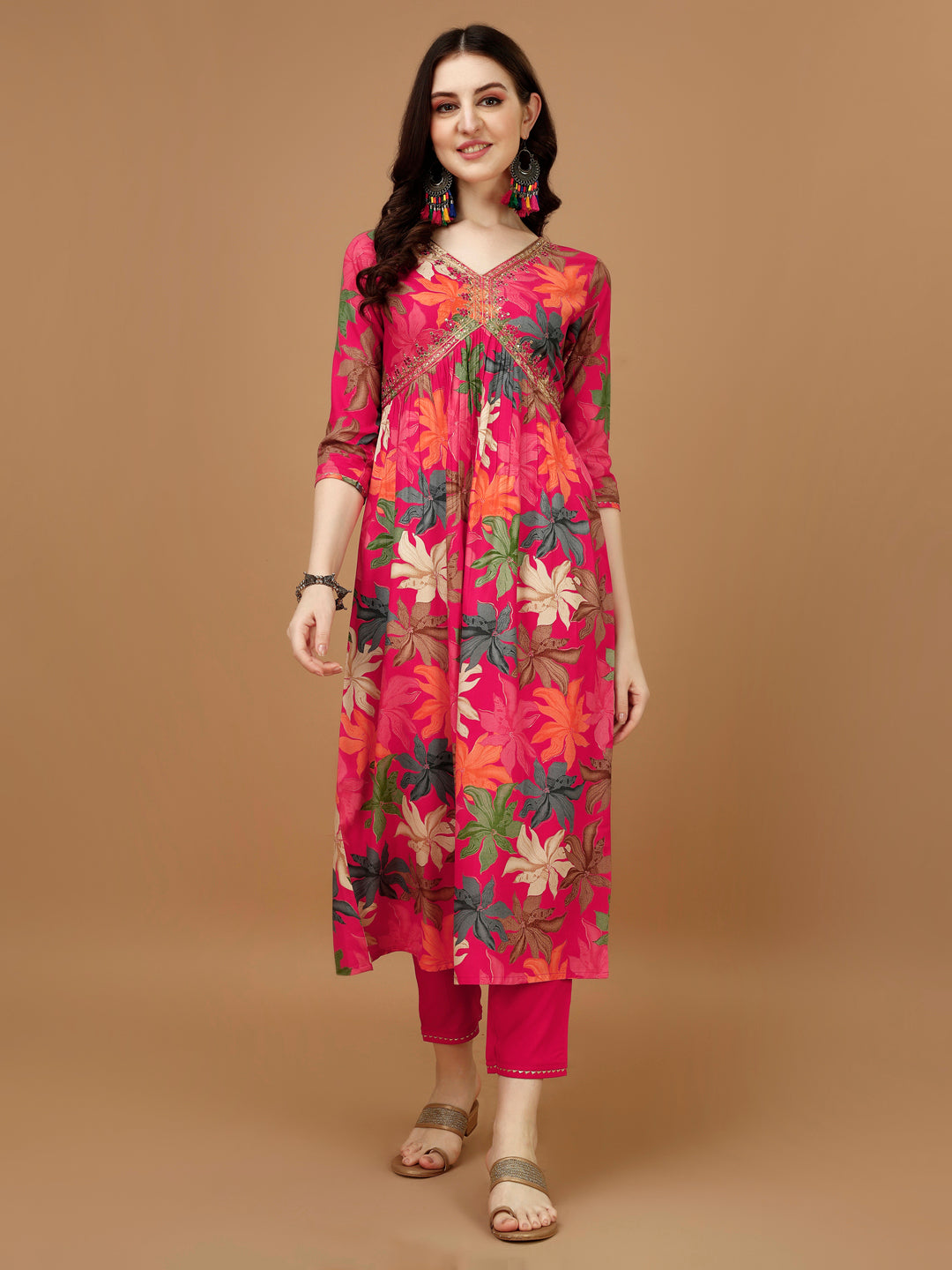 Alia cut Rayon Embroidered & Floral Printed Kurta with pant & dupatta