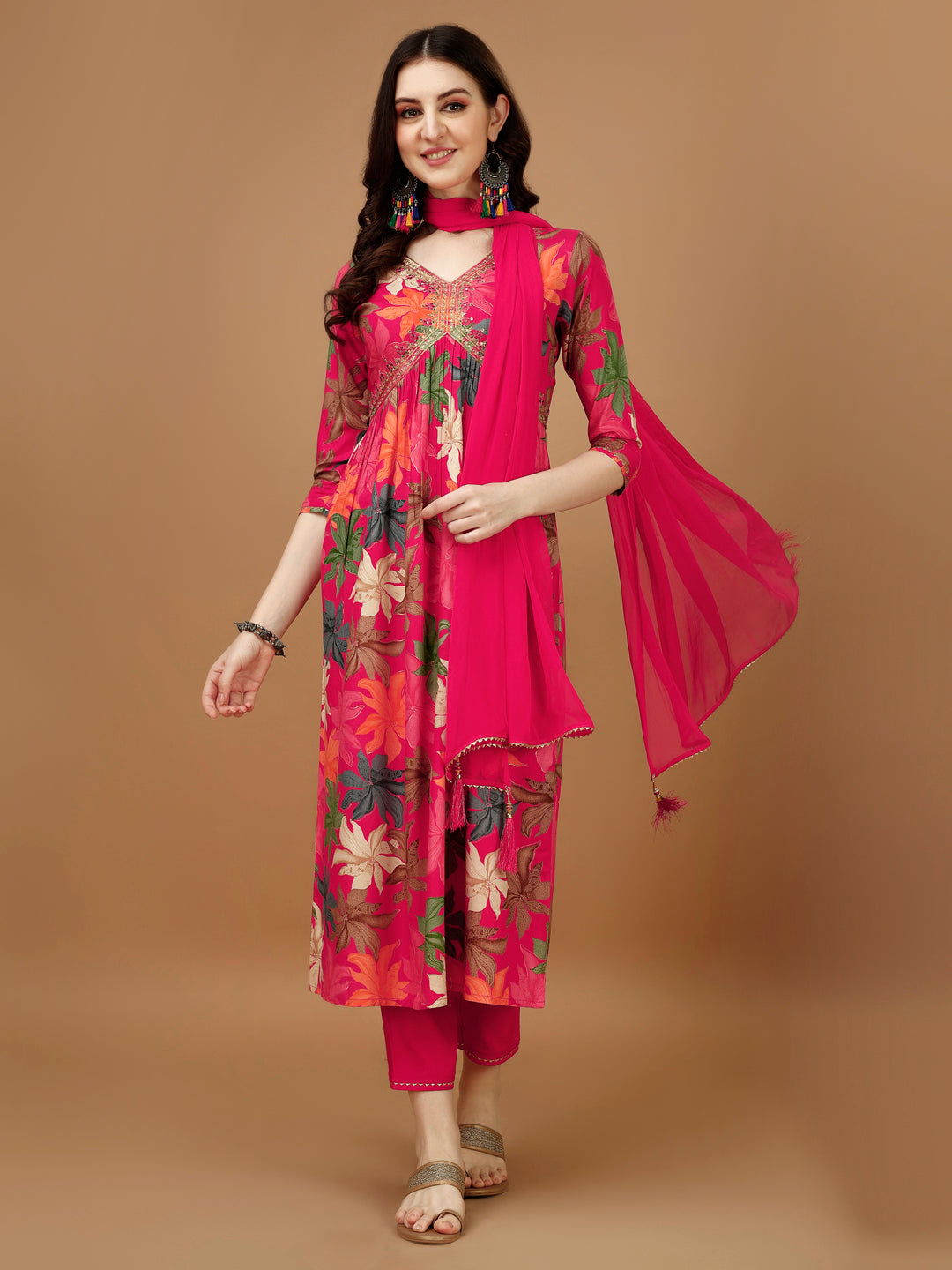 Alia cut Rayon Embroidered & Floral Printed Kurta with pant & dupatta