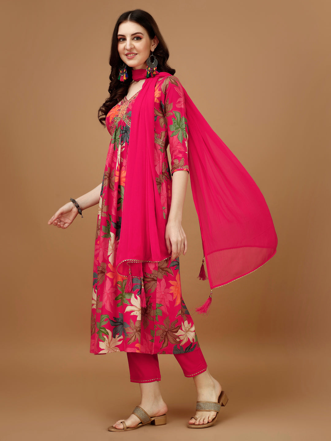 Alia cut Rayon Embroidered & Floral Printed Kurta with pant & dupatta